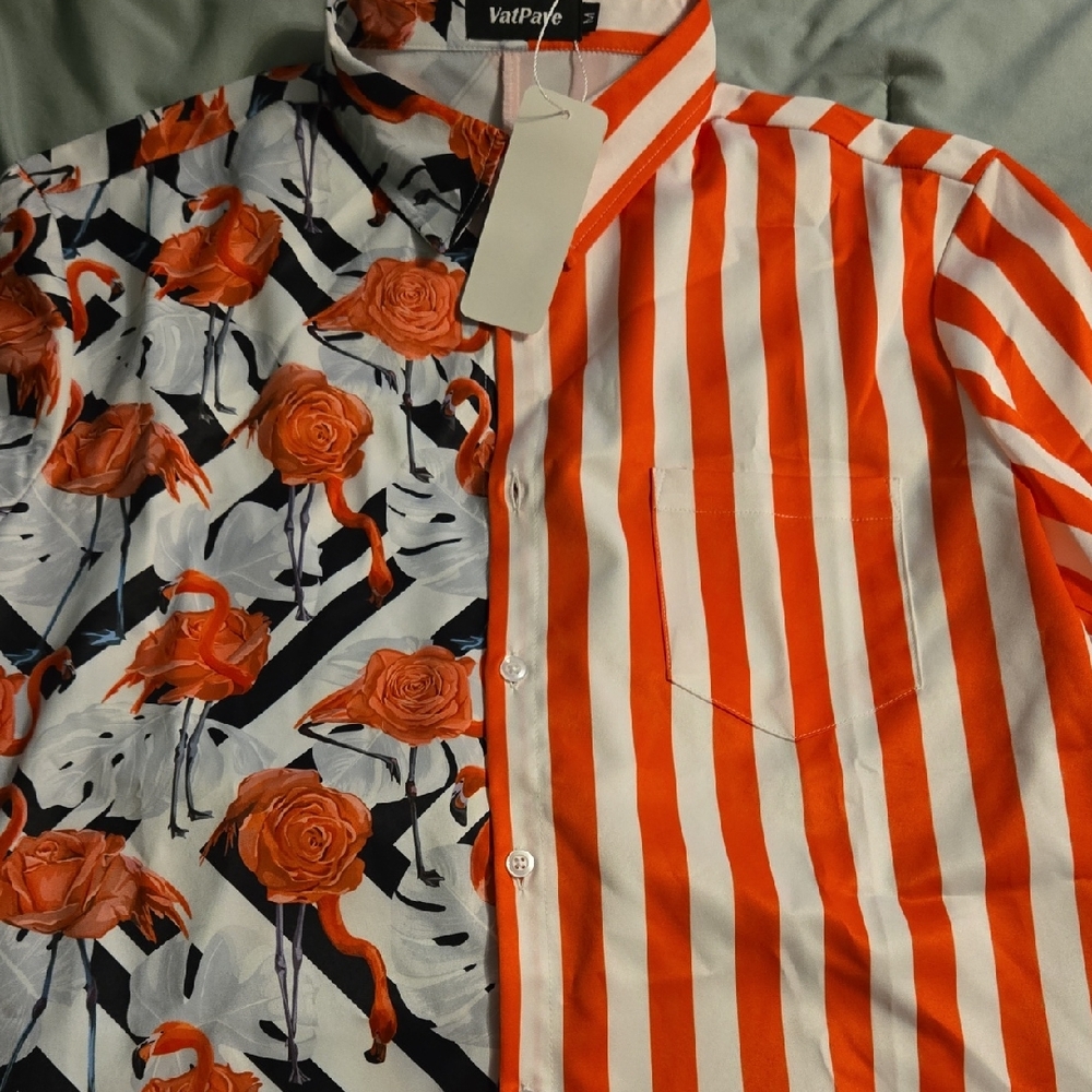 ValPaye Orange and White Striped Men's Shirt with Floral Design